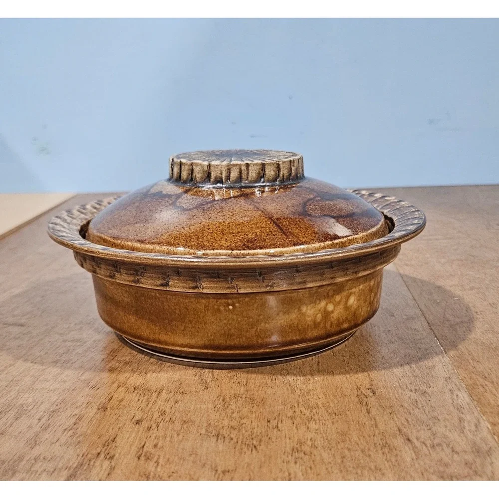 BP Malta Studio Pottery Lidded Casserole Dish Brown Glazed Sunburst Vintage